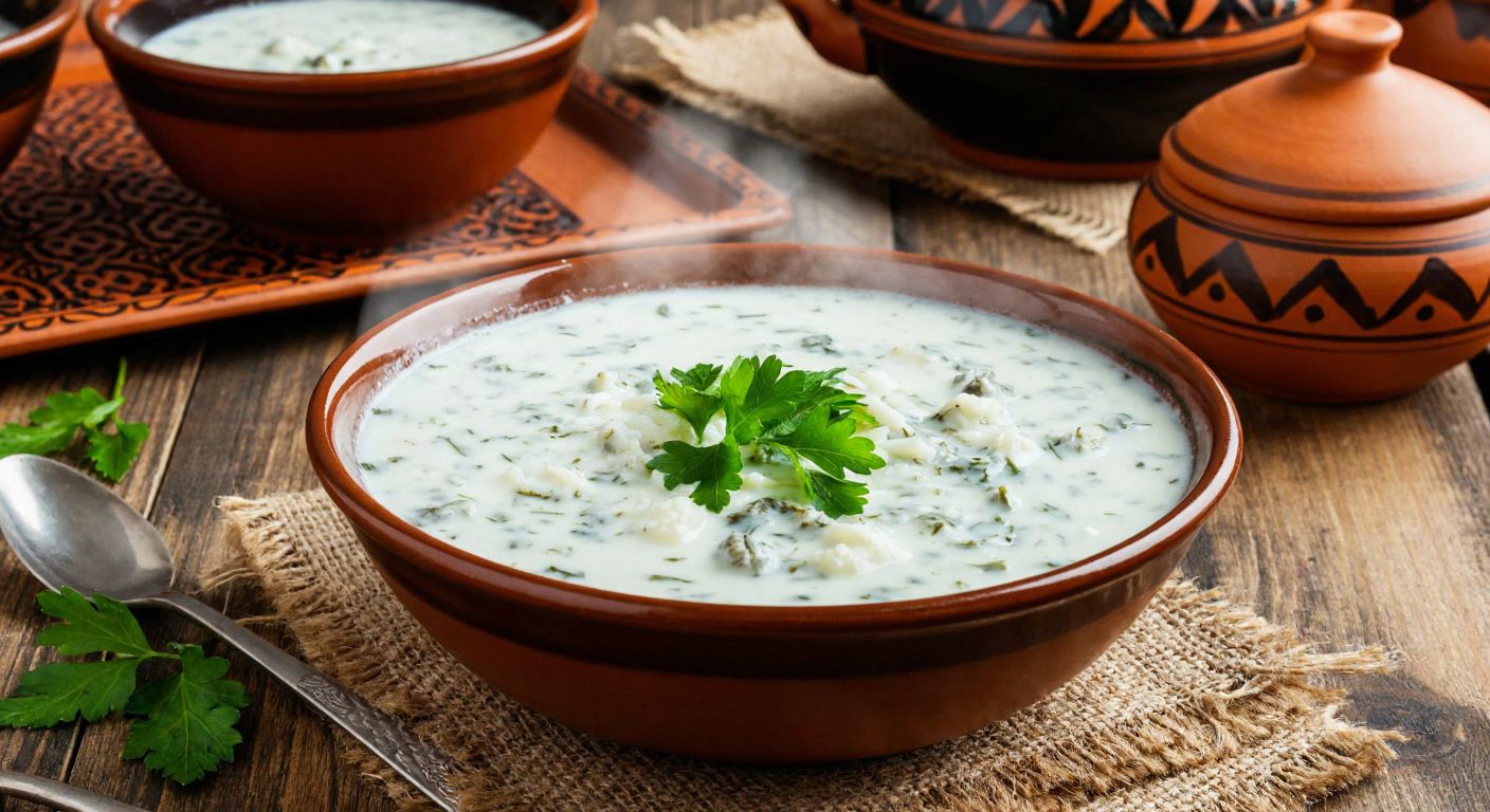 A steaming bowl of dovğa soup, filled with yogurt, herbs, and rice, sits on a rustic wooden table with a backdrop of traditional Azerbaijani ceramic dishes and a woven tablecloth.