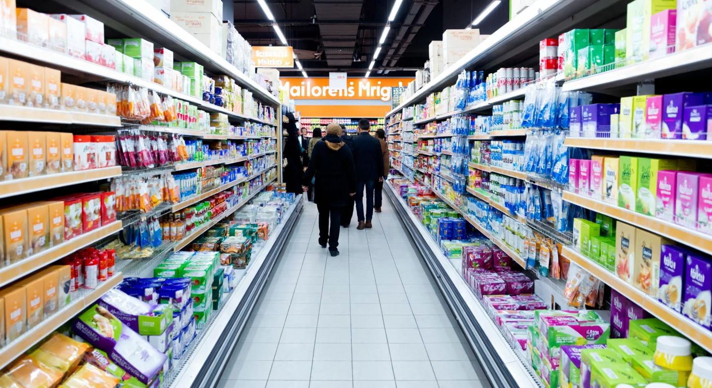A bustling Turkish supermarket aisle with Migros-branded products on one side and a separate shelf displaying Aprilla-branded personal care items in colorful packaging.