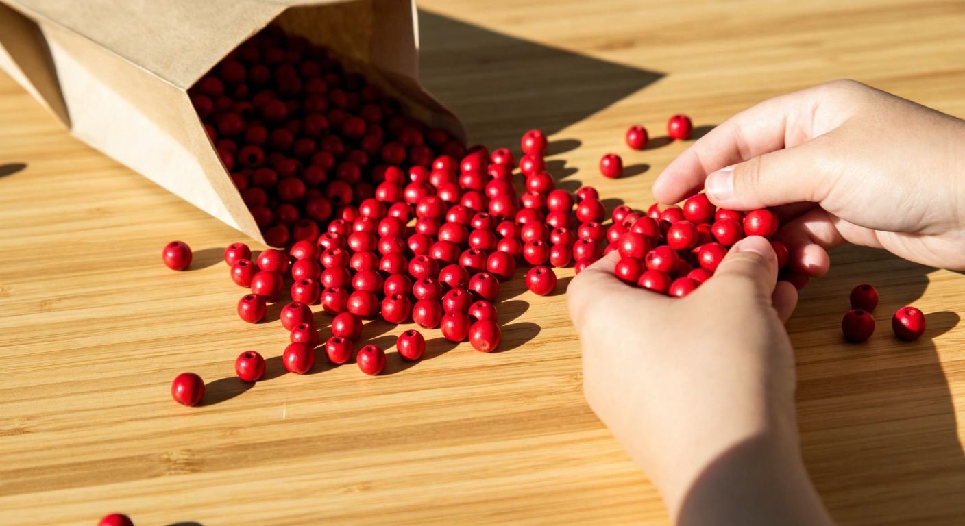 A wooden table scattered with thousands of tiny 10mm red wooden beads, some spilling from an open brown paper package, with a pair of hands carefully counting them under warm Turkish sunlight.