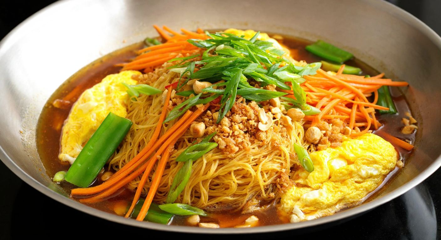 A steaming wok filled with golden rice noodles, scrambled eggs, crushed peanuts, and colorful vegetables like carrots and green onions, all glistening with a savory soy and fish sauce glaze.