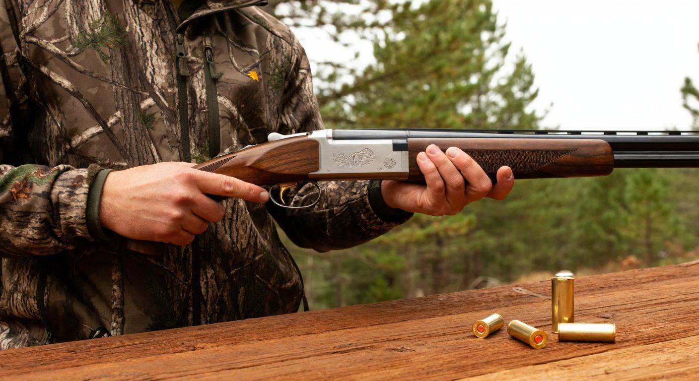 A hunter in a forest setting wearing camouflage gear holds a sleek Browning B725 Hunter shotgun, with a focused expression, while a few spare 20-gauge shotgun shells rest on a wooden table beside him.  

(Note: The description avoids text, symbols, or explicit content while capturing the essence of the query—firearm specifics—and subtly nods to Turkey’s hunting culture through the forest setting and attire.)