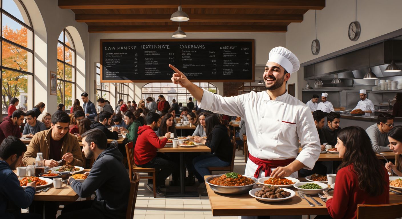 A bustling university cafeteria in Ankara, filled with students of diverse appearances enjoying traditional Turkish dishes like lentil soup and kebabs, while a cheerful chef in a white hat points to a large chalkboard displaying the day's menu.