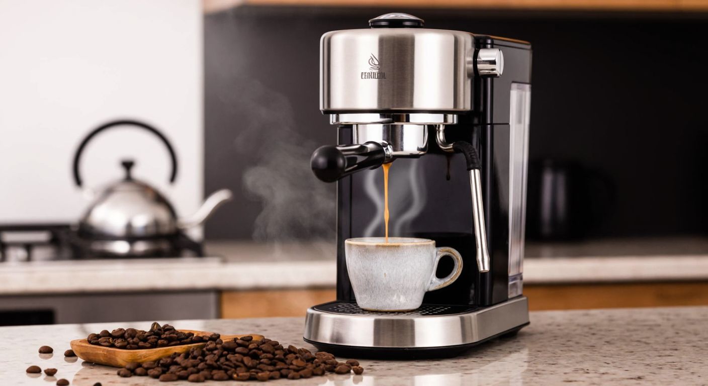A sleek chrome espresso machine sits on a Turkish kitchen counter, steaming as it pours a rich espresso into a small ceramic cup, with freshly ground coffee beans scattered nearby.