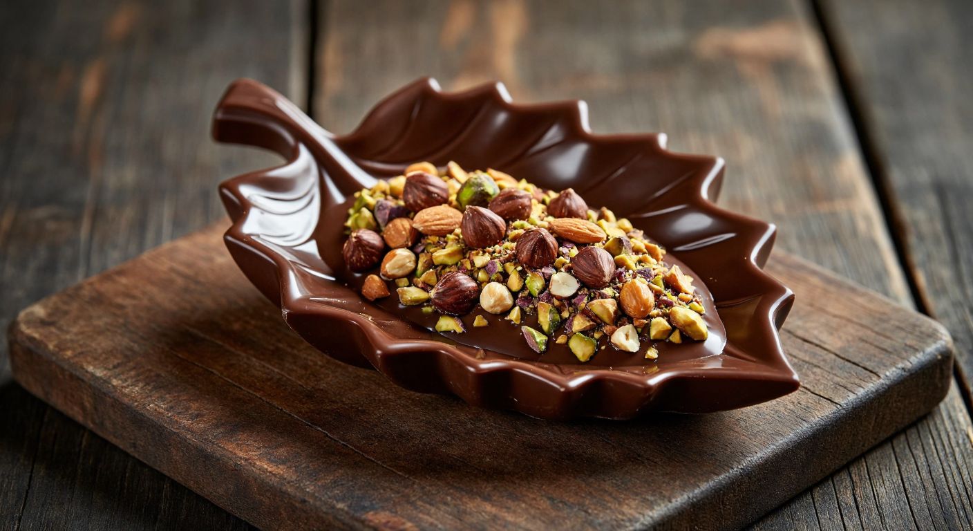 A golden-brown leaf-shaped chocolate bar, cracked open to reveal layers of crushed hazelnuts, pistachios, shredded coconut, dried apricots, and a glossy caramel drizzle, resting on a rustic wooden table in a Turkish café.