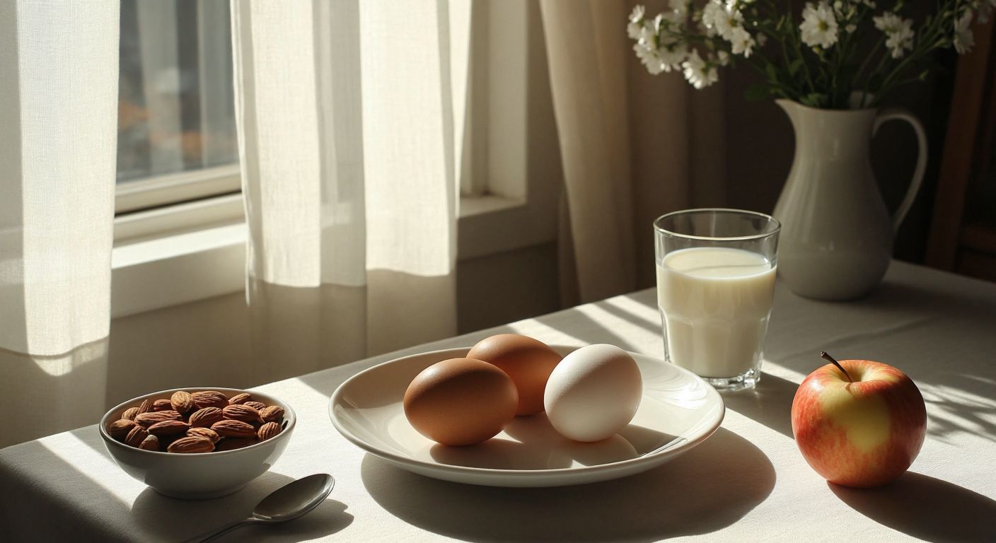 A Turkish kitchen table set with two boiled eggs on a white plate, a small bowl of almonds, a glass of milk, and half an apple, bathed in warm morning sunlight.