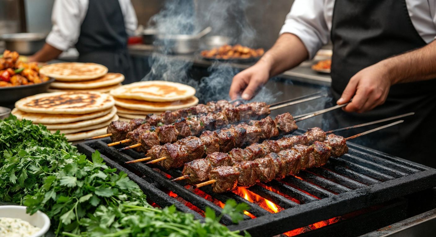 A Turkish chef in a bustling Erzurum restaurant grills golden-brown skewers of cubed lamb meat over glowing embers, surrounded by fresh herbs and stacks of flatbread.