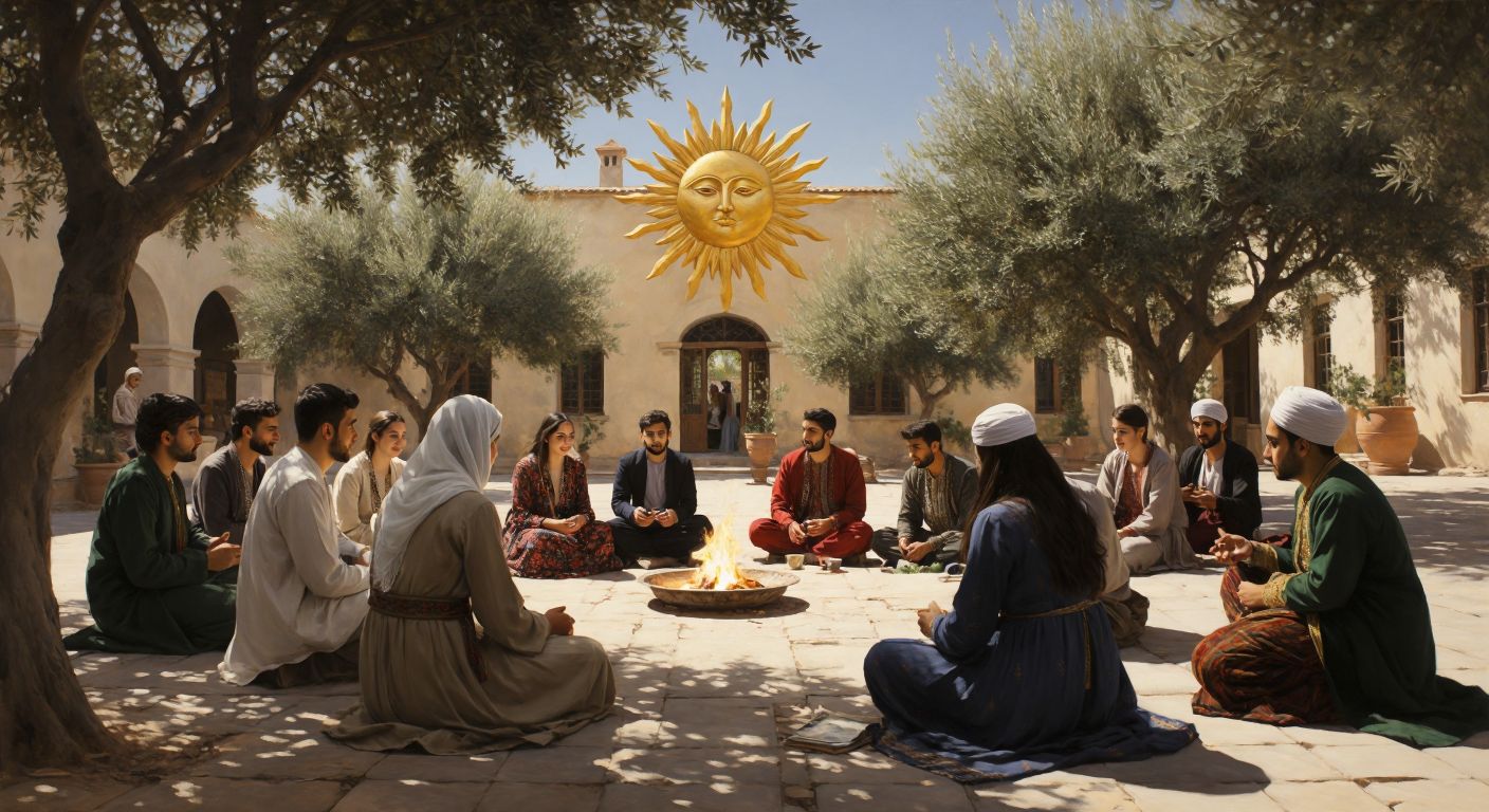 A diverse group of young Turkish adults in traditional and modern attire gather under a golden sun symbol, engaged in discussion and learning in a sunlit courtyard with olive trees.