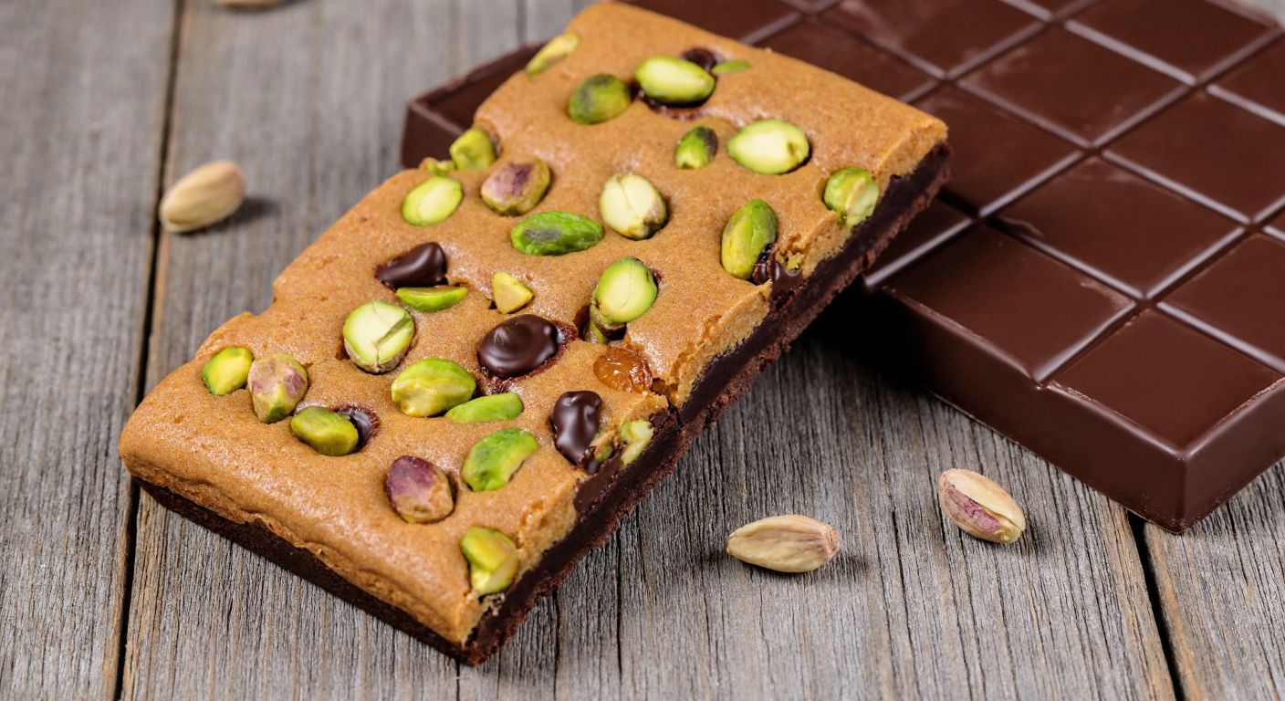 A golden-brown chocolate bar with a cracked surface revealing chunks of green pistachios and caramel swirls, resting on a rustic wooden table with a few loose pistachio shells scattered nearby.