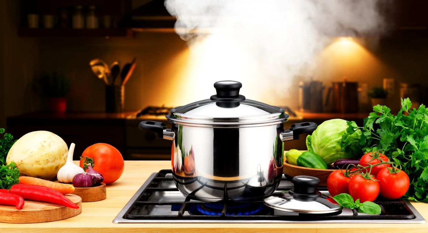 A steaming Aksu pressure cooker sits on a stove, surrounded by fresh vegetables and herbs, with a warm, inviting glow from the kitchen light.