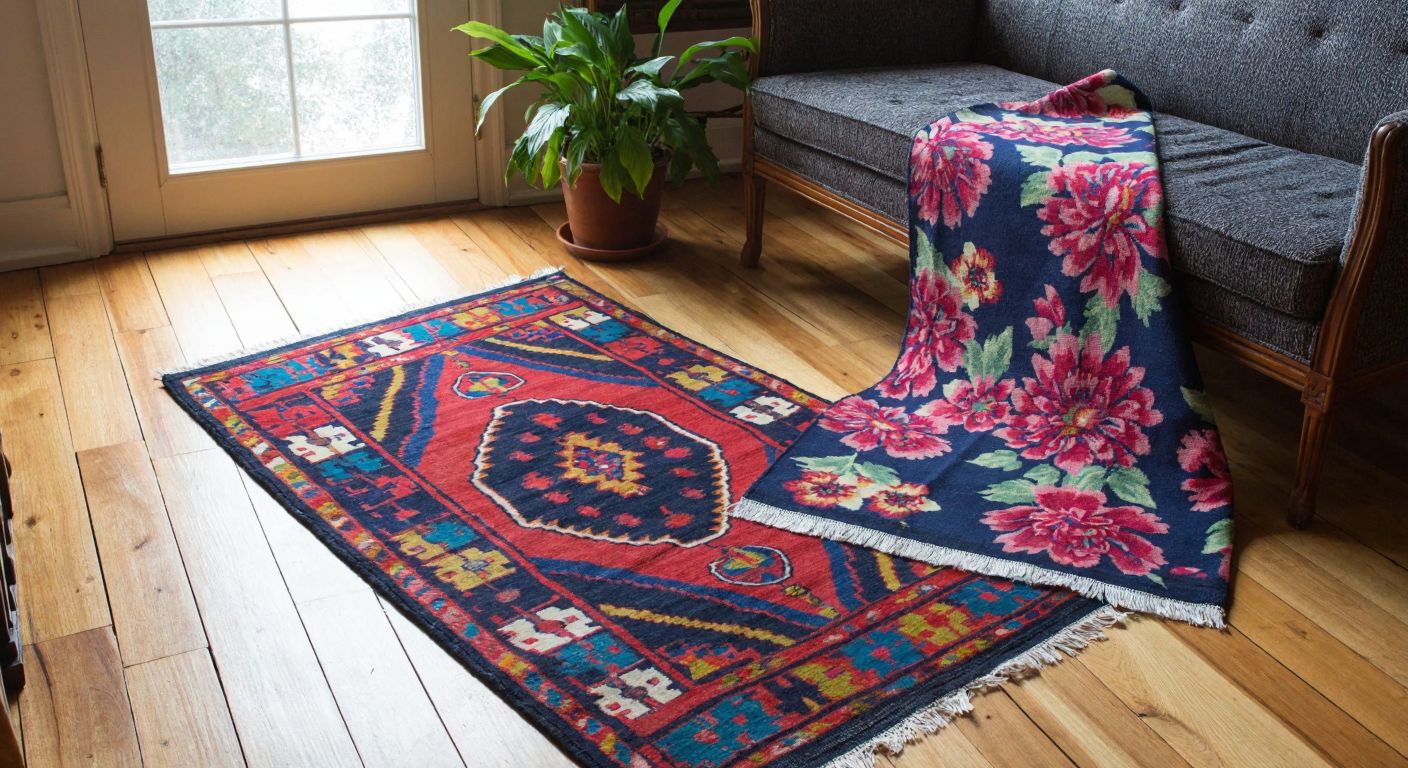 A vibrant Turkish handwoven wool rug with intricate geometric patterns lies beside a sleek, digitally printed rug featuring bold floral designs, both placed on a sunlit wooden floor in a cozy home setting.