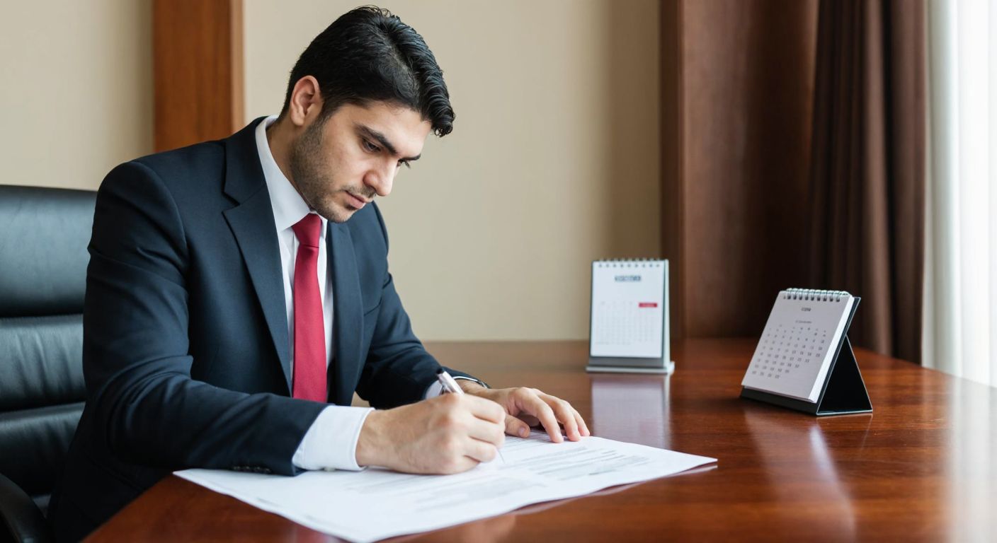 A professional Turkish auditor in a formal suit reviews a contract document at a wooden desk in a well-lit office, with a calendar discreetly placed in the background.