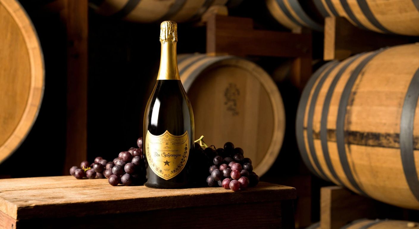 A golden-hued bottle of Dom Perignon resting on a rustic wooden table in a dimly lit cellar, surrounded by clusters of ripe grapes and aged oak barrels, evoking luxury and meticulous craftsmanship.