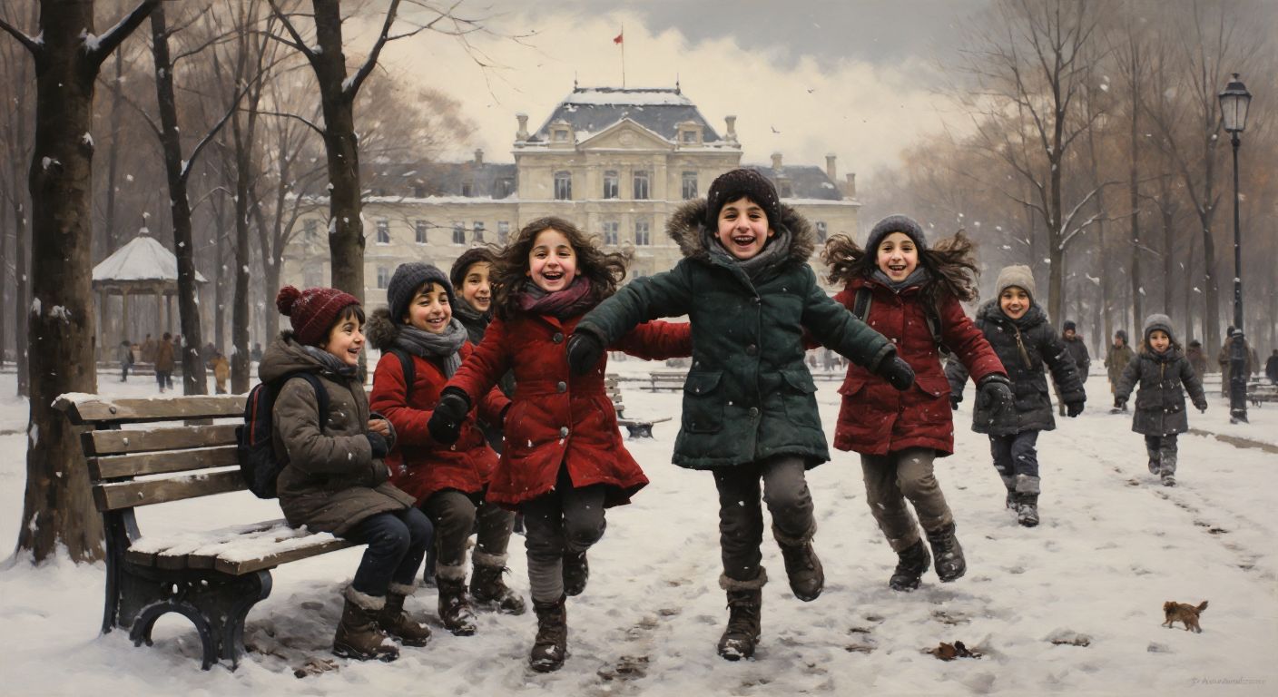 A joyful group of Turkish children in winter coats playing in a snowy park, their backpacks left on a bench, with a distant school building and a calendar page showing January 19-30 subtly blending into the snowy landscape.