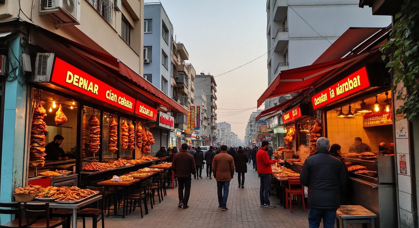 A bustling street in Osmaniye with two adjacent restaurants—one serving sizzling döner kebabs on a vertical spit, the other offering steaming plates of Chinese stir-fry—separated by a vibrant red awning, as locals pass by, drawn by the contrasting aromas.