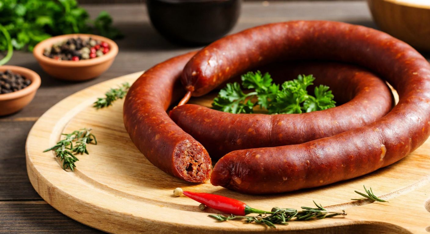 A rustic wooden table in a Turkish kitchen displays coiled Yanturalı sucuk with rich red hues, fresh herbs, and a traditional clay plate, evoking warmth and tradition.