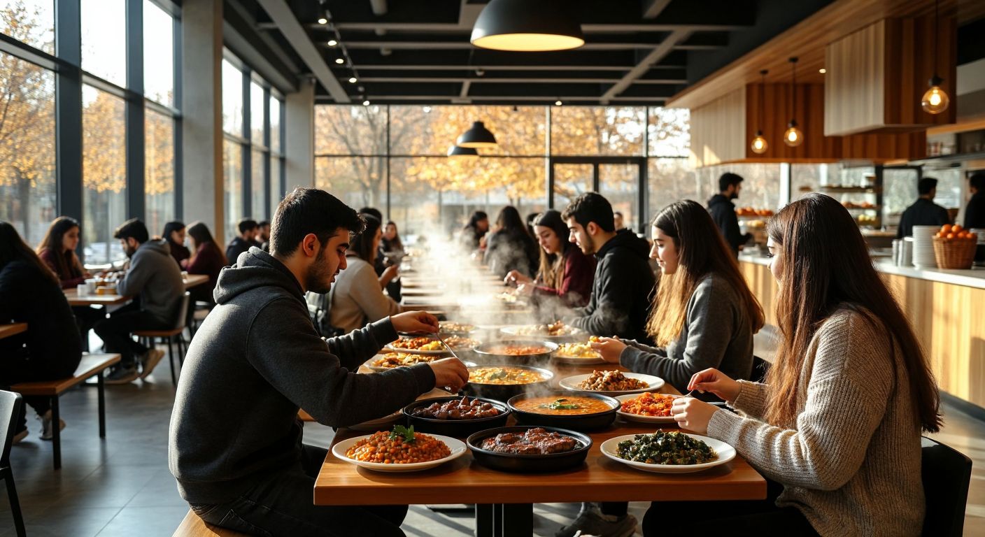 A bustling university cafeteria in Bursa, with students chatting over steaming plates of Turkish dishes like lentil soup and kebabs, under warm lighting in a modern yet cozy dining hall.