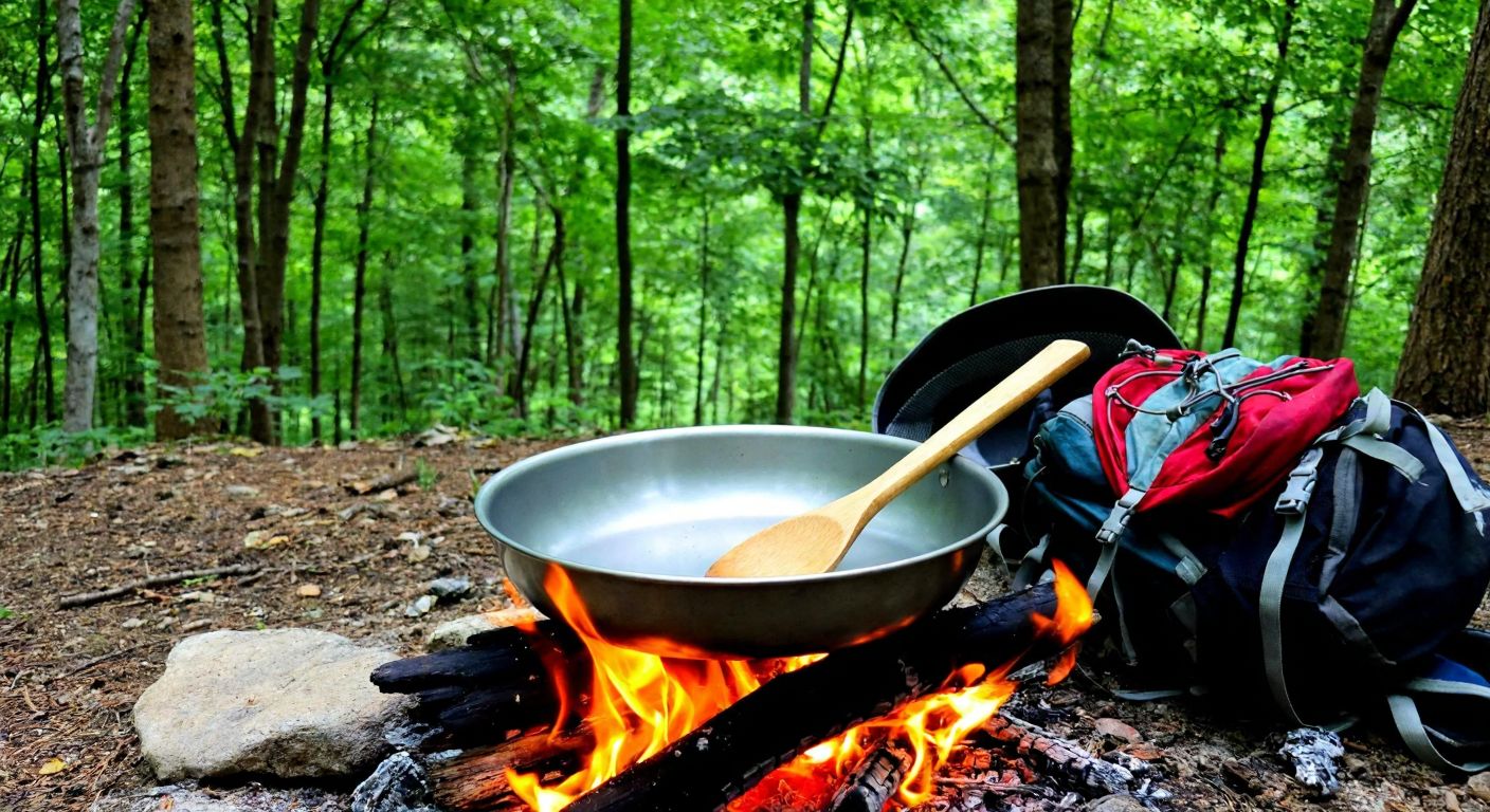 A sturdy steel pan sits over a crackling campfire in a lush Turkish forest, with a wooden spoon resting inside it and a backpack nearby.
