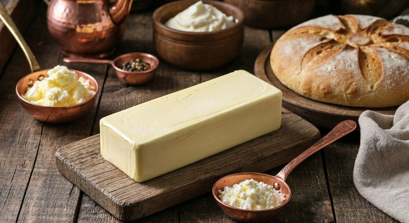 A rustic wooden table in a Turkish kitchen displays a rectangular block of packaged butter beside a cylindrical roll of butter, both resting near a traditional copper measuring spoon and a freshly baked loaf of bread.