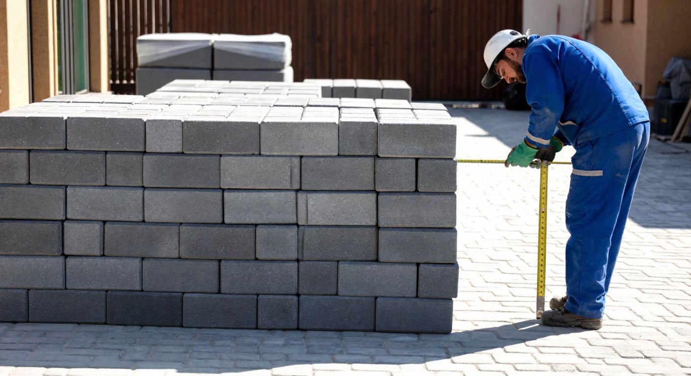 A neatly stacked pile of gray interlocking paving stones in a sunlit Turkish courtyard, with a worker in a blue jumpsuit carefully measuring the area with a tape measure.