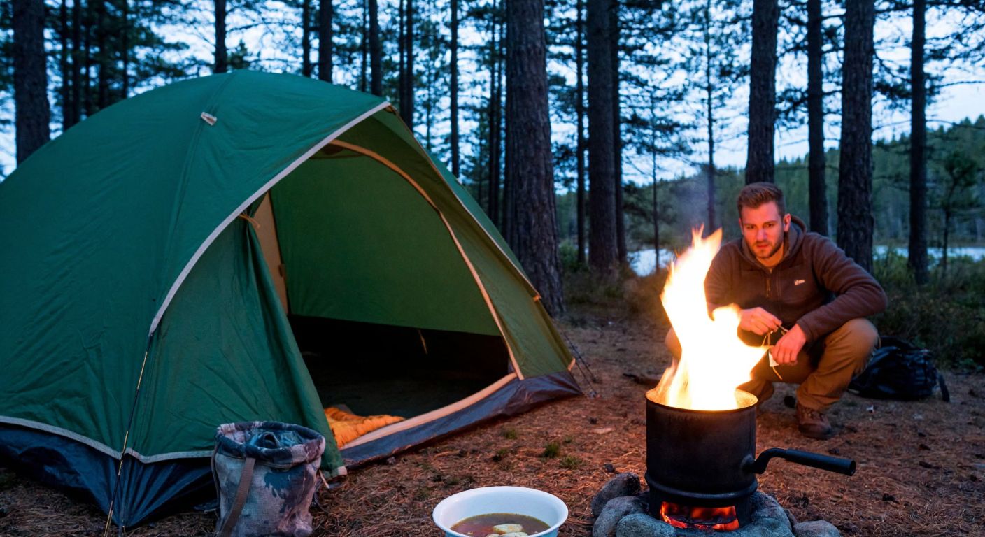A cozy green tent in a pine forest at dusk, with a small cast-iron stove inside emitting a warm glow, surrounded by a pot of simmering soup and a person in outdoor gear carefully tending to the fire.