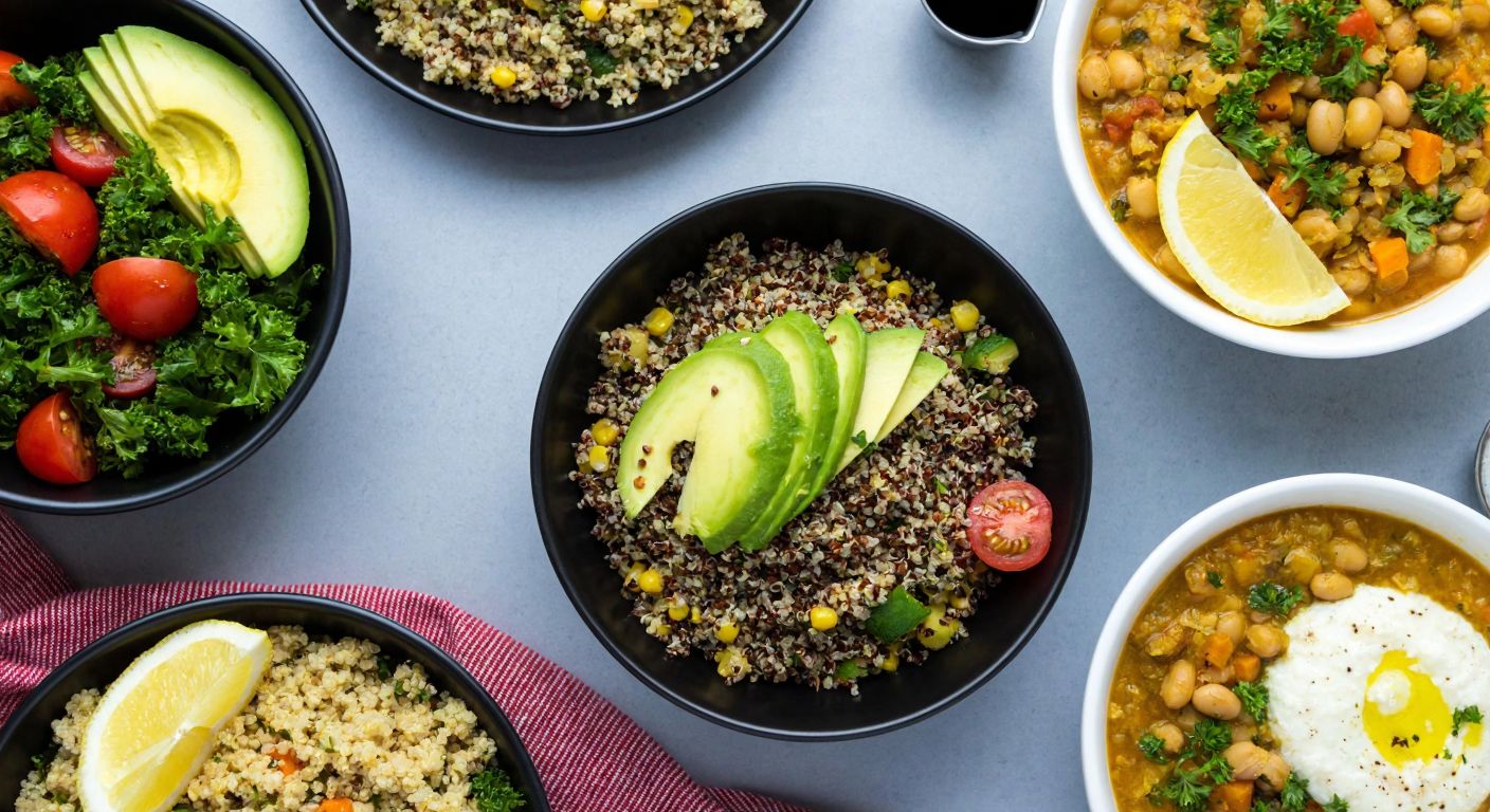 A vibrant Turkish kitchen table displays colorful bowls of quinoa salad with fresh vegetables, a hearty chicken quinoa bowl with avocado slices, golden lentil quinoa patties, a steaming quinoa soup with beans, and a sweet apple-walnut quinoa breakfast bowl, all garnished with herbs and lemon wedges.