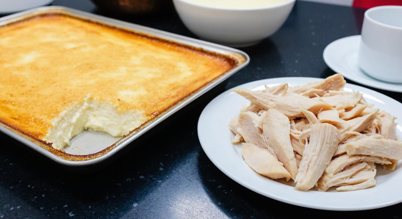 A traditional Turkish kitchen counter displays a golden-brown tray of creamy tavuk göğsü dessert beside a plate of shredded chicken breast, highlighting the contrast between the authentic and modern versions.