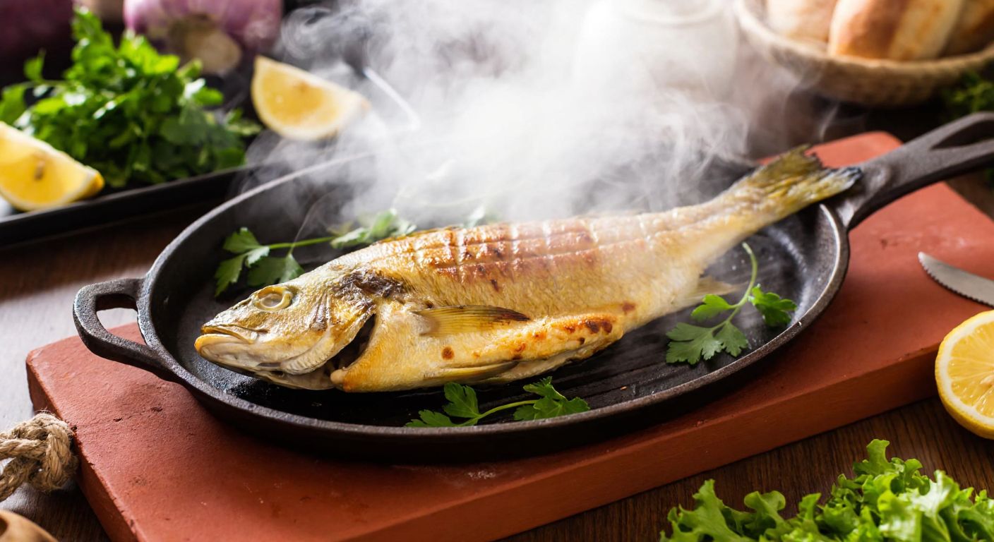 A golden-brown fish sizzling on a red clay tile in a rustic Turkish kitchen, surrounded by fresh herbs and lemon wedges, with steam rising from the dish.