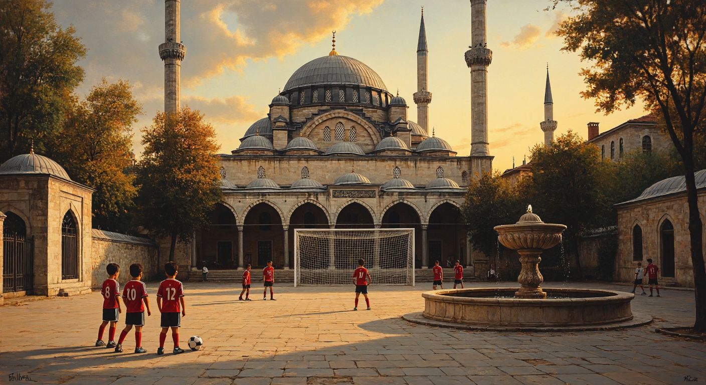 A historic Ottoman-era medrese with a football goal in its courtyard, surrounded by young players in red-and-white jerseys, with a stone fountain and a small mosque in the background under Istanbul’s golden sunset.