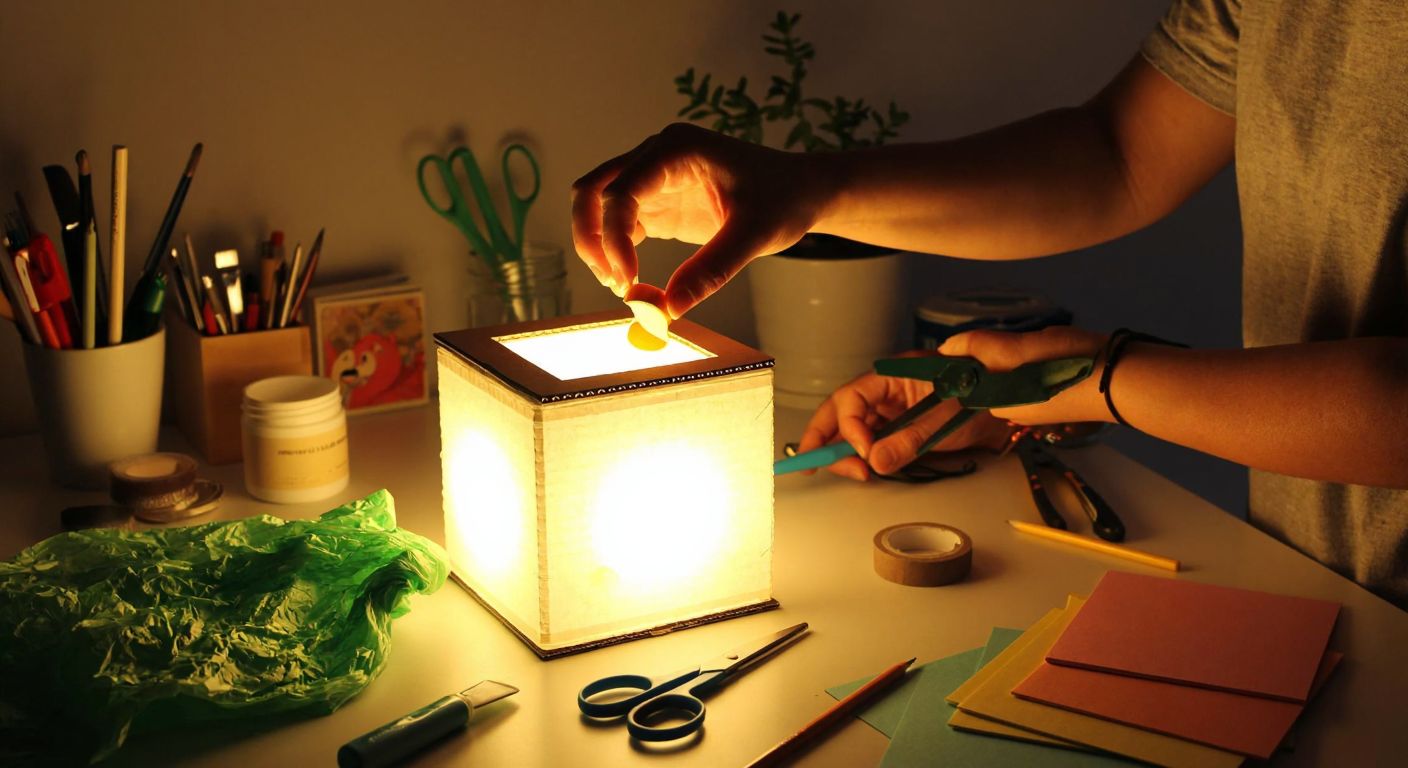 A warm, softly lit Turkish home workspace with a cardboard table glowing from within, surrounded by scattered craft materials like scissors, glue, and colored paper, while a person’s hands carefully adjust a small LED light inside the table.