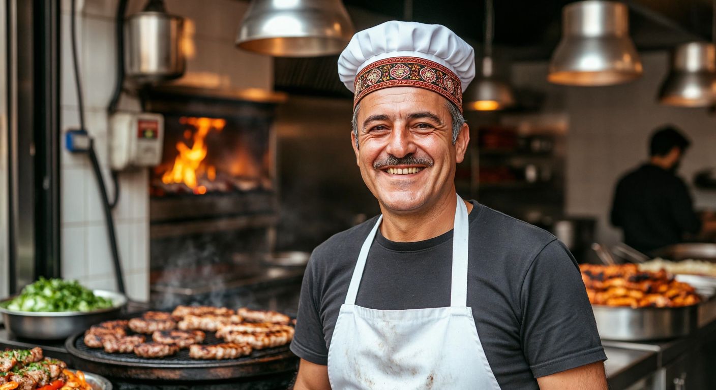 A middle-aged Turkish man with a warm smile, wearing a white apron and a traditional kebap chef's hat, stands proudly in front of a bustling kebap restaurant with a sizzling grill in the background.