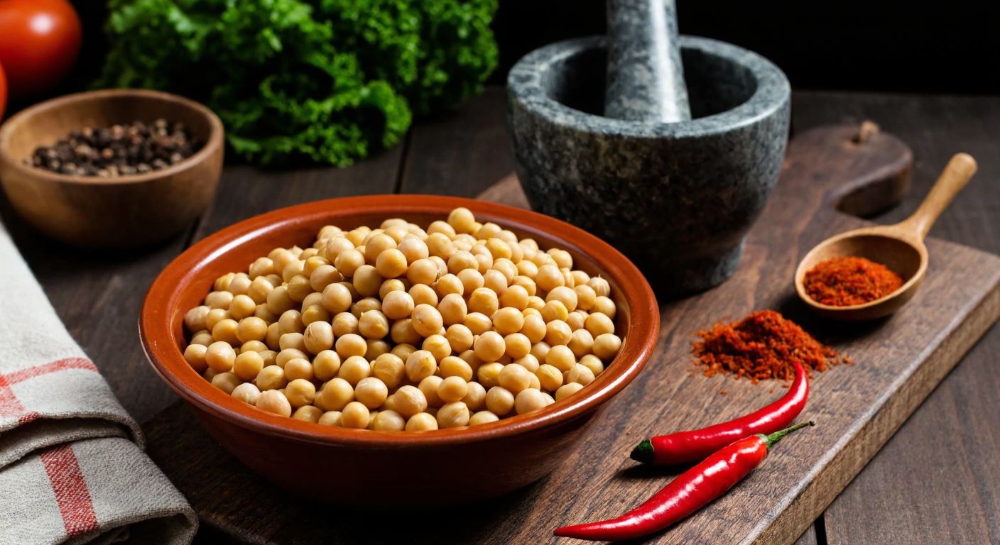 A rustic Turkish kitchen with a wooden countertop holding a bowl of golden-brown cooked soybeans, a mortar and pestle grinding them into mince, and scattered spices like cumin and red pepper flakes nearby, evoking warmth and traditional cooking.