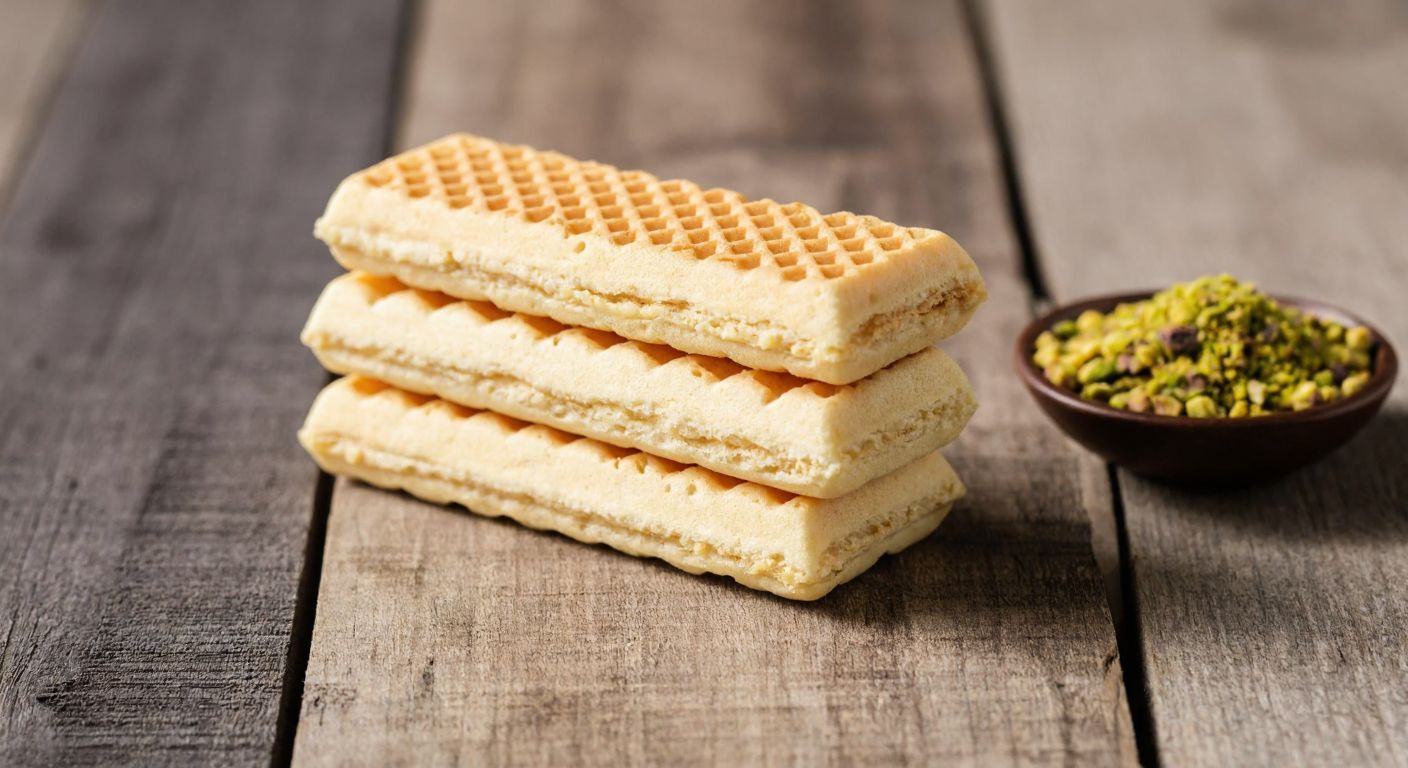 A neatly stacked pile of four golden-brown Aytaç waffle bars on a rustic wooden table, with a small bowl of crushed pistachios nearby, evoking a cozy Turkish kitchen setting.