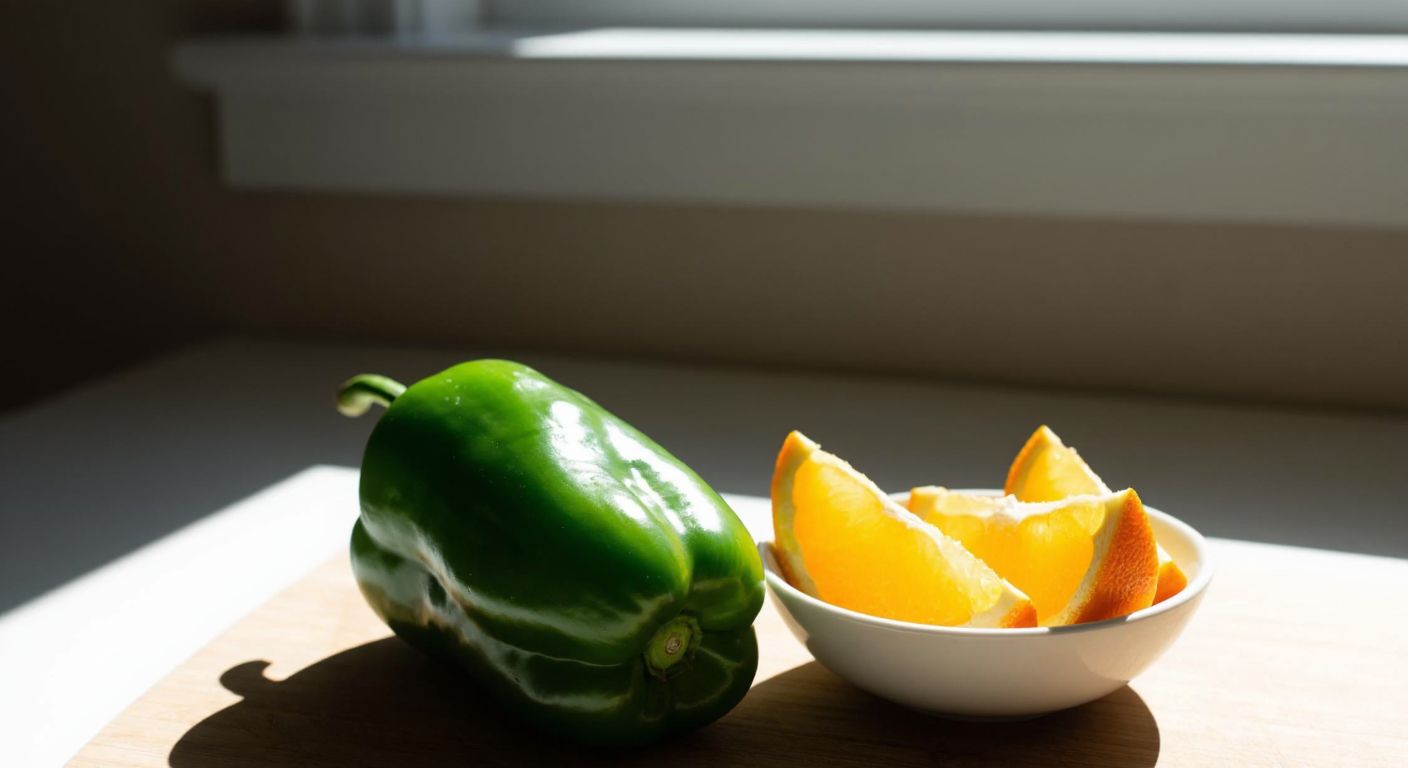 A vibrant green pepper rests on a wooden cutting board next to a small bowl of sliced citrus fruits, with sunlight streaming through a nearby window, evoking freshness and health.