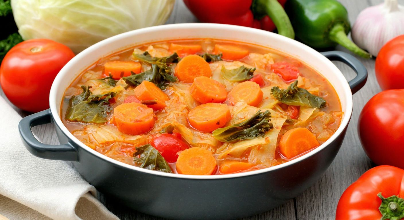 A steaming bowl of kapuska (Turkish cabbage stew) with vibrant orange carrots and green cabbage leaves, surrounded by fresh vegetables like tomatoes and peppers, evoking warmth and nourishment.