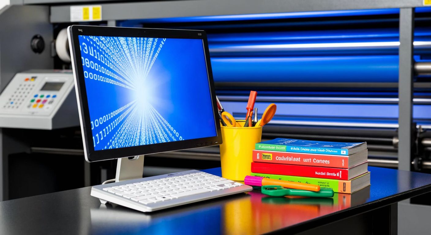 A glowing computer screen displaying a binary code stream next to a colorful educational toolkit with books and tools, set against a backdrop of a printing press with solvent-resistant materials.
