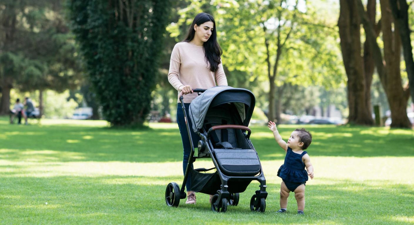 A young Turkish mother in a park, comparing a compact cabin-sized stroller with a reversible stroller, looking thoughtful as her baby plays nearby.