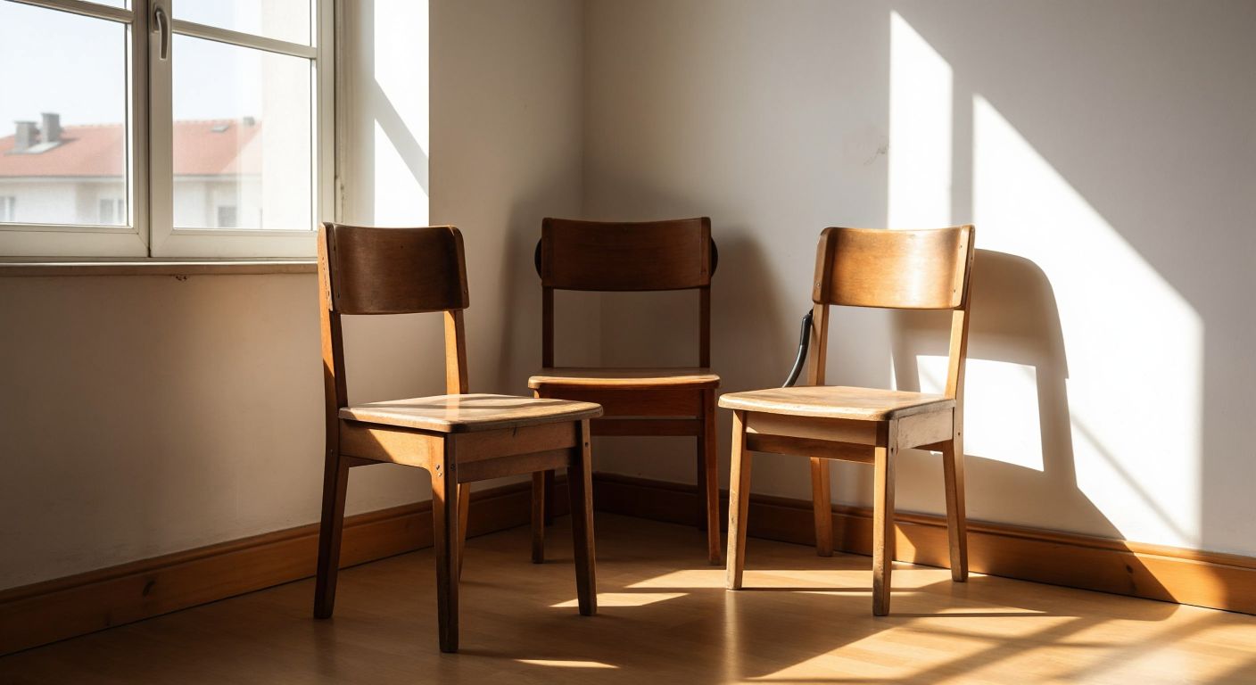 A sturdy wooden study chair with a slightly worn but polished surface sits in a sunlit Turkish study room, flanked by a sleek metal chair and a simple plastic one, each showing subtle signs of long-term use.