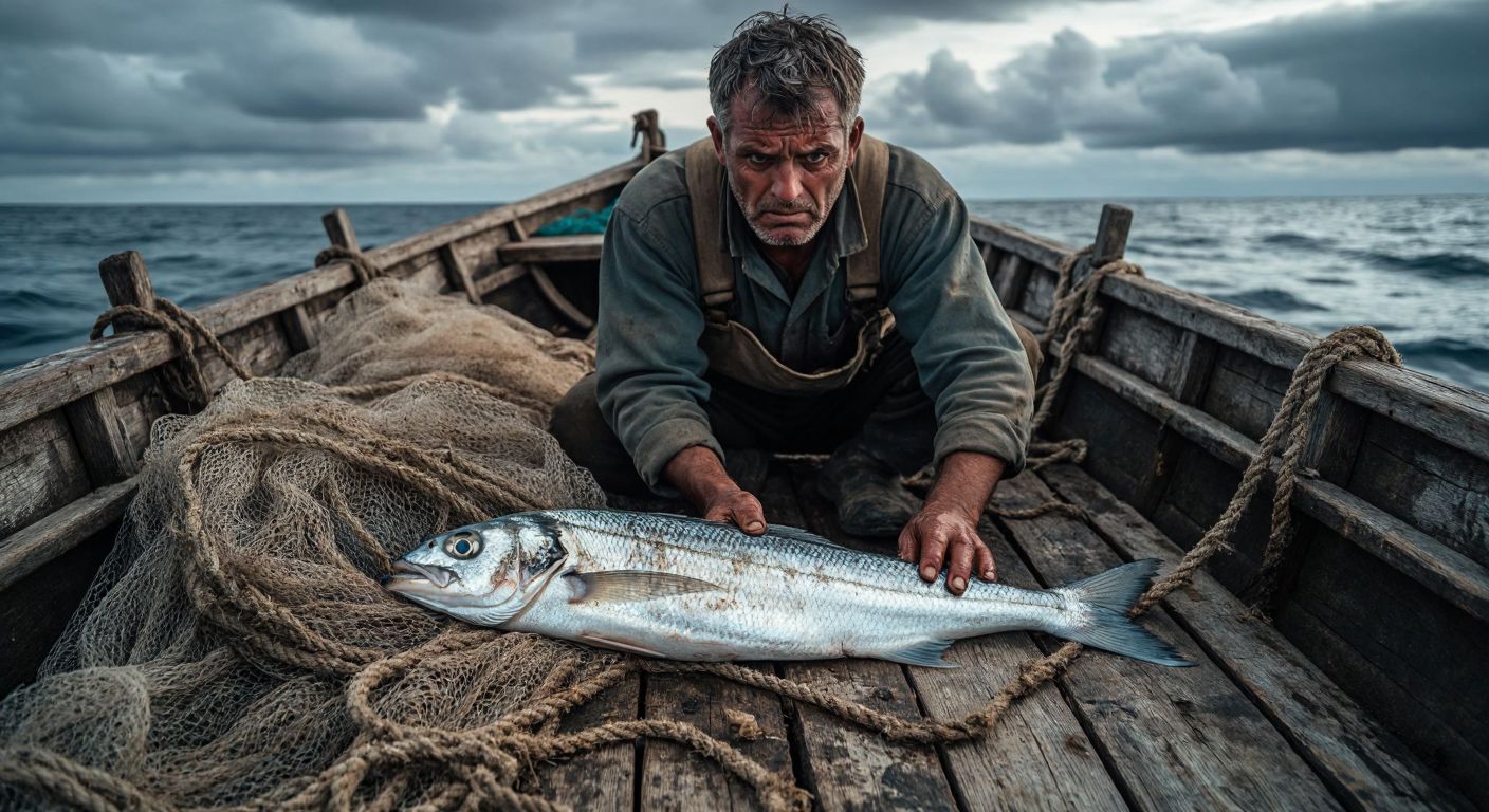 A small, silvery papalina fish lies discarded on a weathered wooden fishing boat, surrounded by nets, while a fisherman frowns and shakes his head in disapproval.