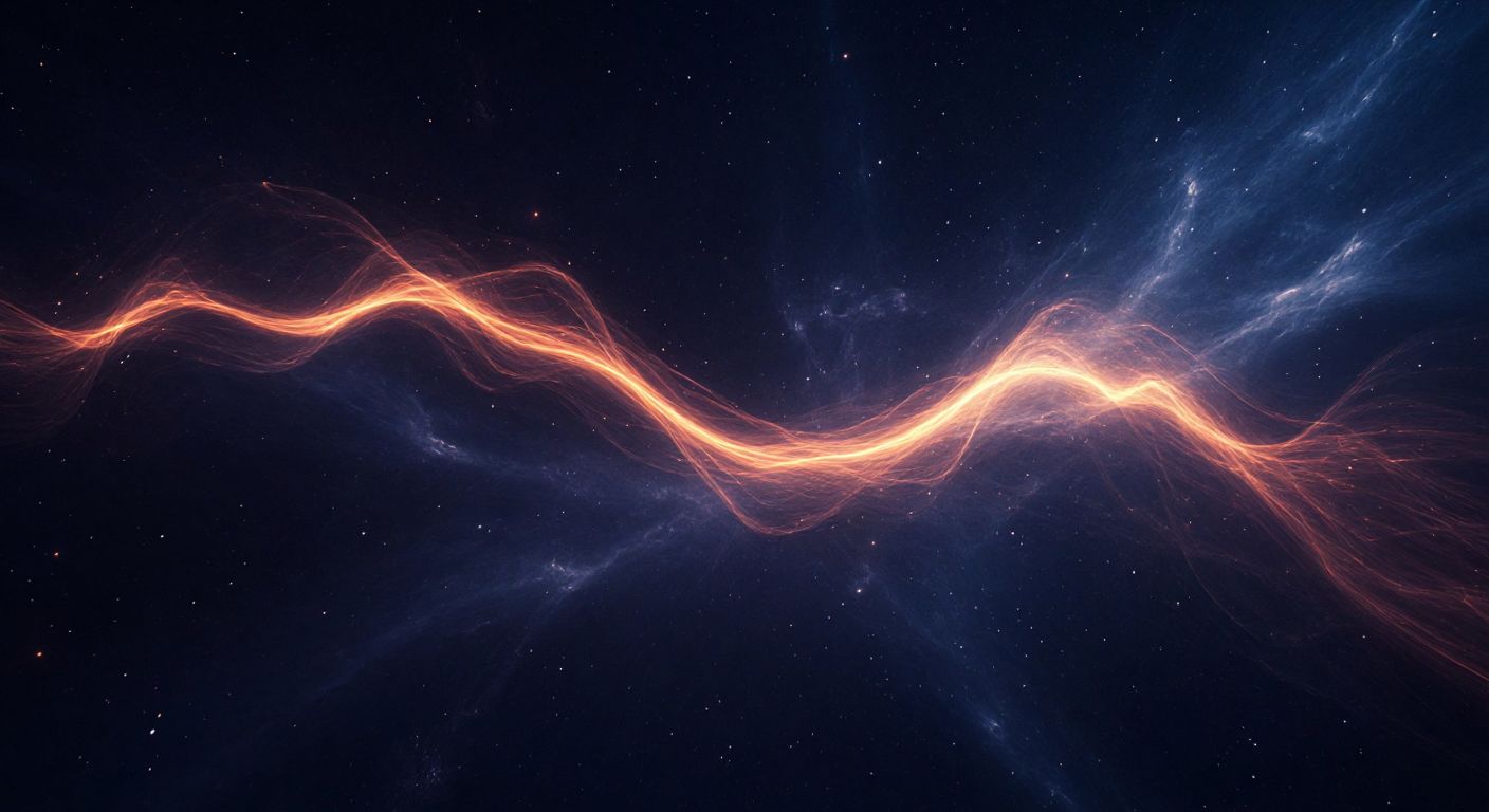 A glowing, one-dimensional string floating in a dark cosmic void, subtly vibrating as if embodying the essence of theoretical physics.