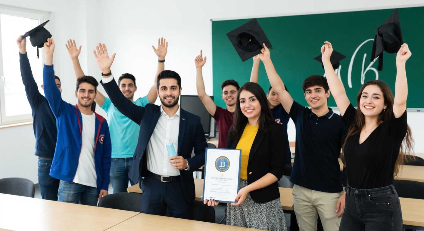 A group of diverse, smiling high school students in a modern Turkish classroom, holding up graduation caps while a teacher proudly displays an IB diploma certificate.