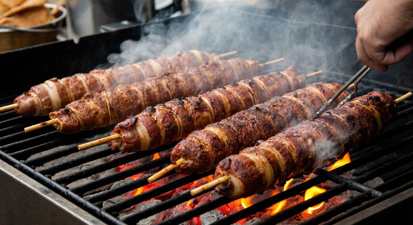 A close-up of sizzling kokoreç on a grill, its crispy golden-brown exterior glistening with juices, surrounded by aromatic smoke, with a Turkish chef’s hands carefully turning the skewers over glowing embers.