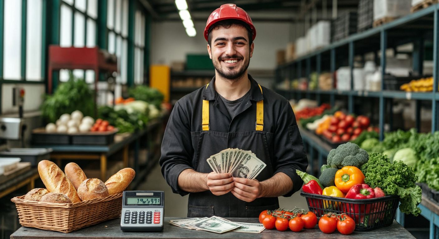 A Turkish worker in a factory uniform smiles while holding a stack of lira bills, with a calculator and a shopping basket full of fresh bread, vegetables, and fruits nearby.