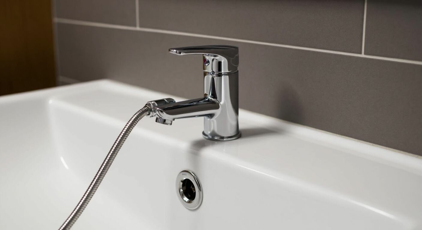 A modern chrome-plated Grohe faucet installed under a white ceramic sink in a Turkish bathroom, with a traditional *taharet* (bidet) spray hose nearby, reflecting practicality and slight incompatibility.