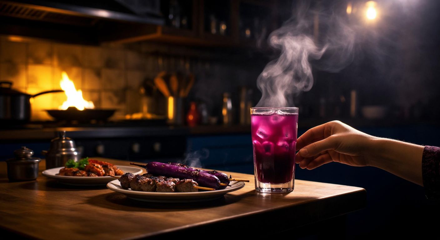 A dimly lit Turkish kitchen at night, with a glass of deep purple şalgam juice resting on a wooden table beside a small plate of kebabs, steam rising gently from the drink as a hand reaches to take it.
