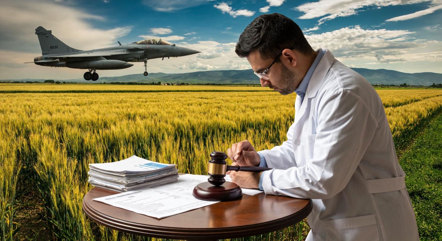 A scientist in a lab coat examining genetically modified wheat in a Turkish agricultural field, while a distant military jet symbolizes defense industries, and a judge's gavel rests on a stack of tax documents nearby.