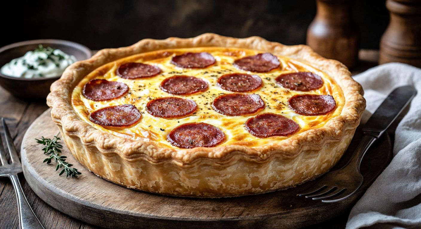 A golden-brown quiche Lorraine with flaky pastry, filled with creamy egg custard and crispy pastırma slices, resting on a rustic wooden table in a warm Turkish kitchen.