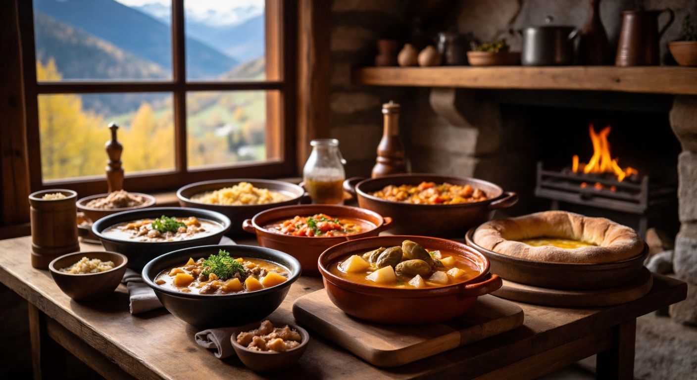 A rustic wooden table in a cozy Pyrenean mountain cottage, laden with steaming bowls of escudella, golden trinxat, a coca topped with vegetables, and a platter of cargols, surrounded by warm bread and cured embotits, evoking the hearty flavors of Andorran cuisine.