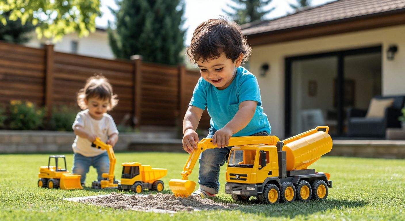 A cheerful Turkish toddler in a bright blue shirt plays with a sturdy yellow toy concrete pump in a sunny backyard, while an older child nearby assembles a more intricate version with moving parts.
