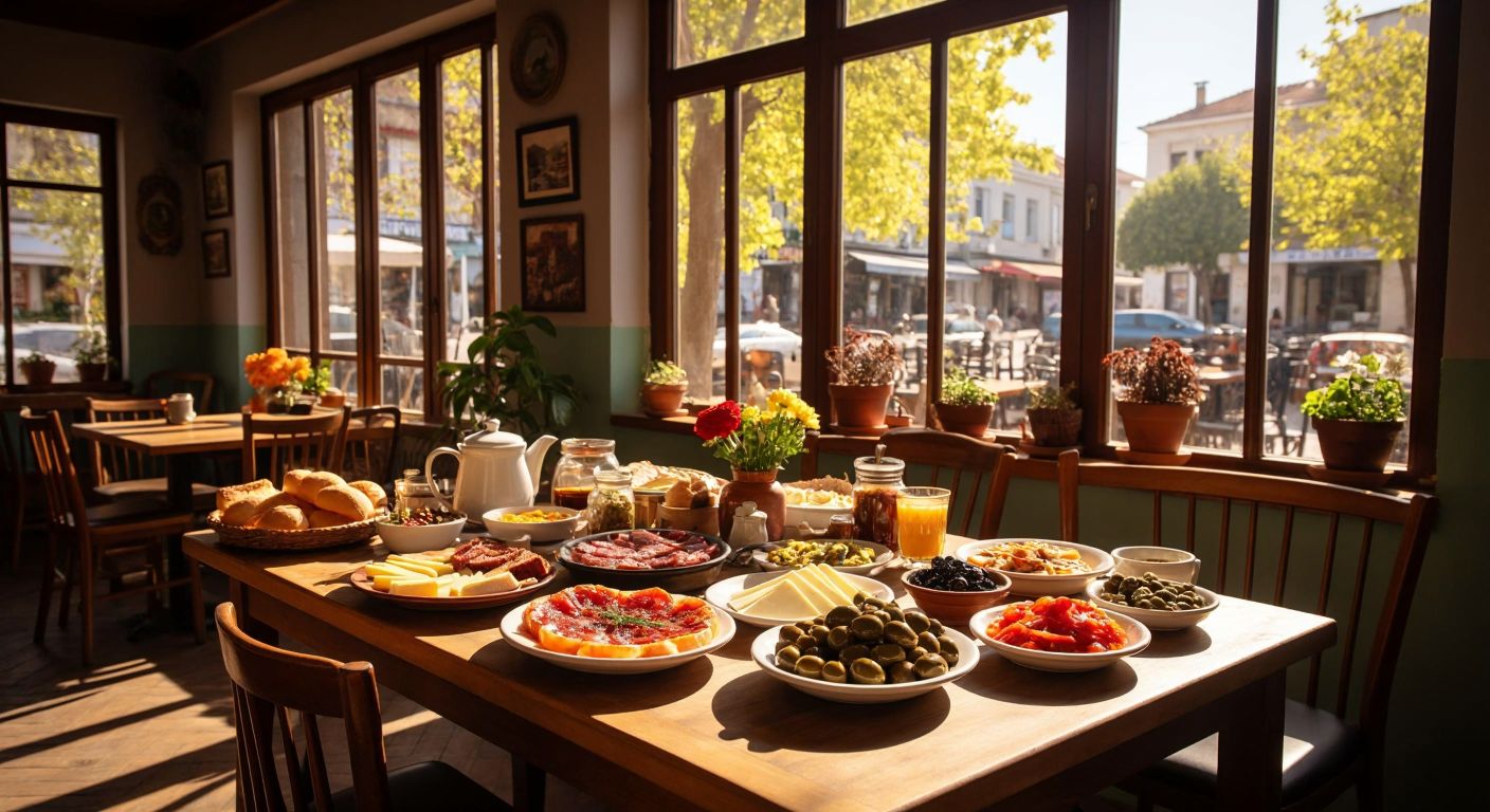 A cozy breakfast café in Alsancak, İzmir, with a retro 80s vibe, featuring a wooden table laden with traditional Turkish breakfast spreads like olives, cheeses, jams, and simit, surrounded by vintage décor and warm sunlight streaming through the windows.