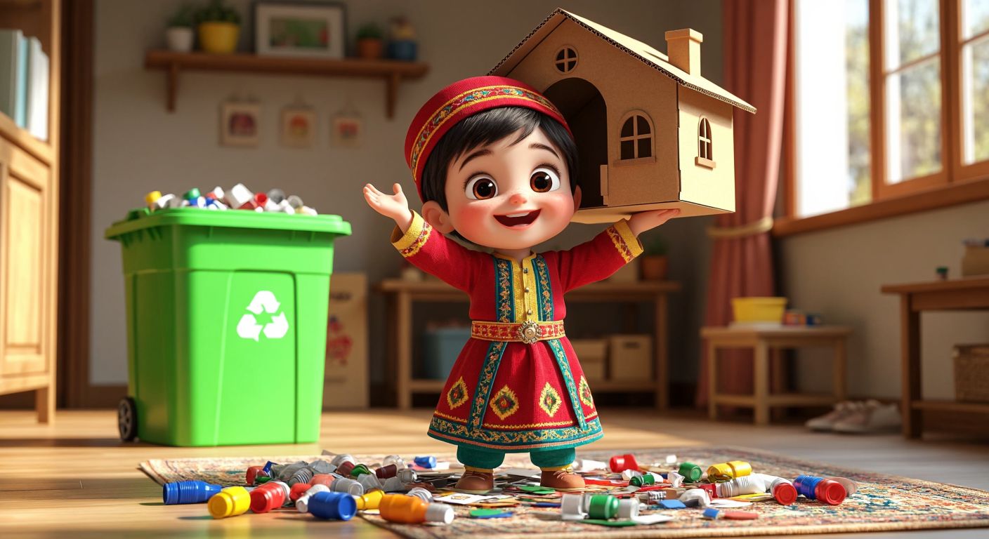 A cheerful animated child with rosy cheeks, wearing a colorful traditional Turkish outfit, happily holding up a repurposed cardboard box turned into a toy house, surrounded by scattered craft materials like fabric scraps and bottle caps, with a bright green recycling bin in the background.